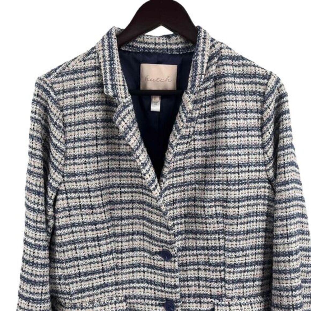 Anthropologie Hutch Tweed Preppy Blazer White Blue Gold Metallic Lined Large